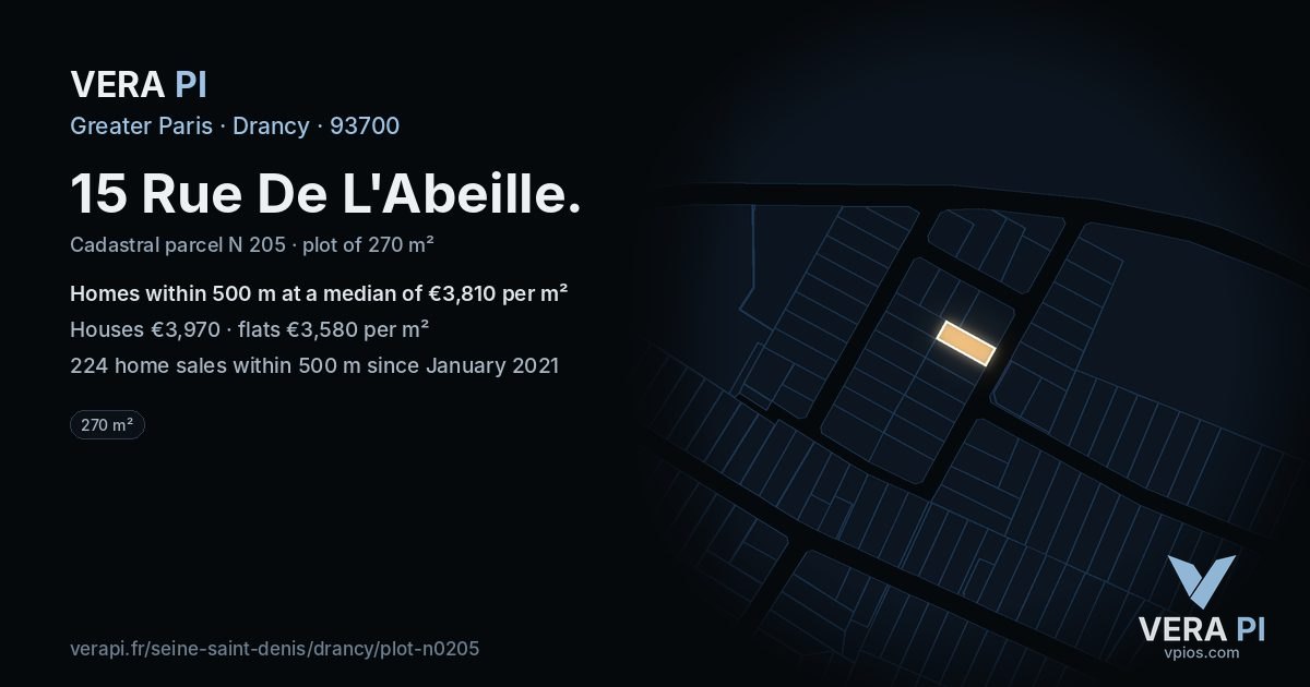 15 Rue De L'Abeille, Drancy at night – the plot lit, the parcels around coloured by the prices near them