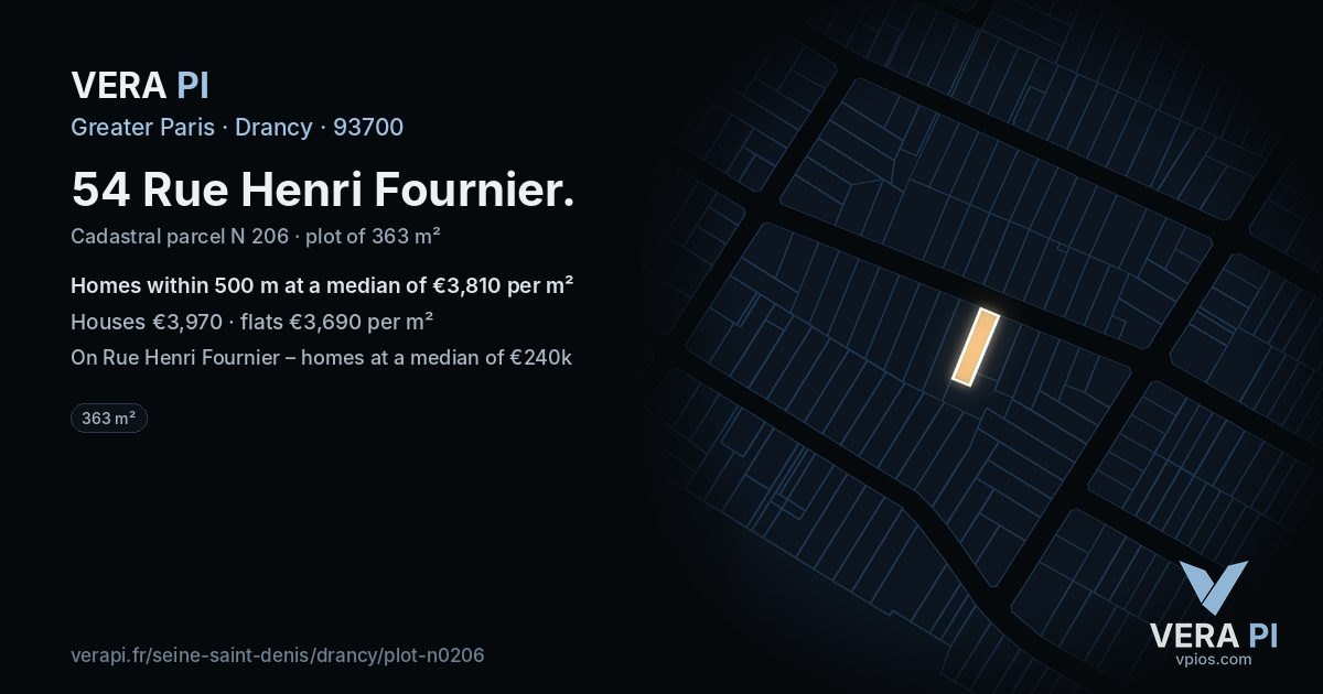54 Rue Henri Fournier, Drancy at night – the plot lit, the parcels around coloured by the prices near them