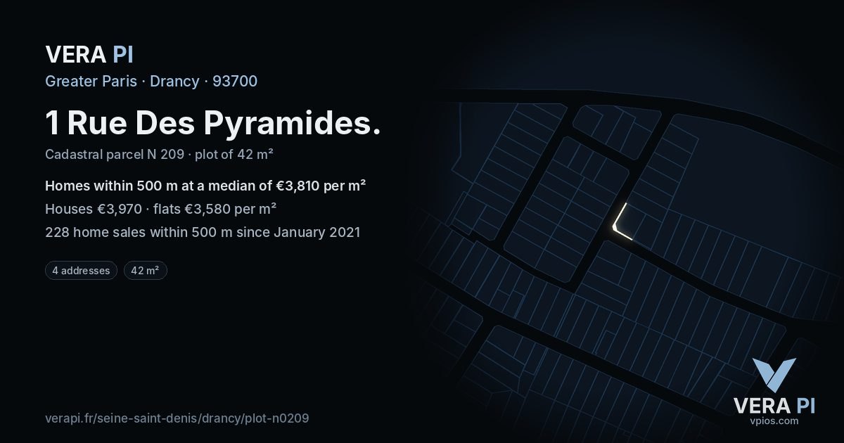 1 Rue Des Pyramides, Drancy at night – the plot lit, the parcels around coloured by the prices near them