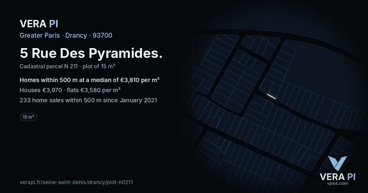 5 Rue Des Pyramides, Drancy at night – the plot lit, the parcels around coloured by the prices near them