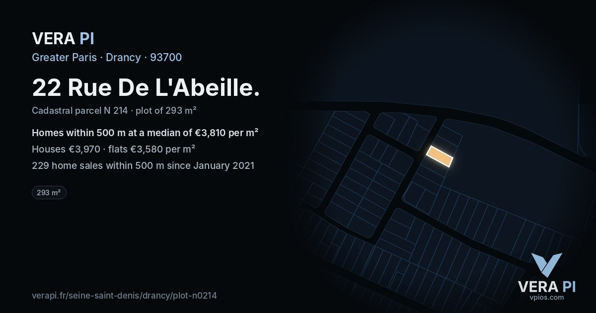 22 Rue De L'Abeille, Drancy at night – the plot lit, the parcels around coloured by the prices near them