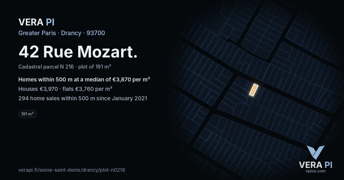 42 Rue Mozart, Drancy at night – the plot lit, the parcels around coloured by the prices near them