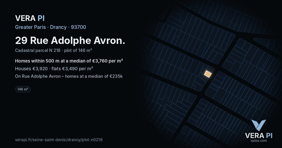 29 Rue Adolphe Avron, Drancy at night – the plot lit, the parcels around coloured by the prices near them
