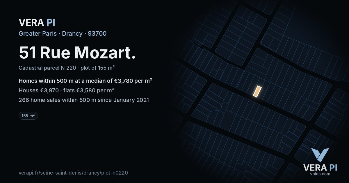 51 Rue Mozart, Drancy at night – the plot lit, the parcels around coloured by the prices near them