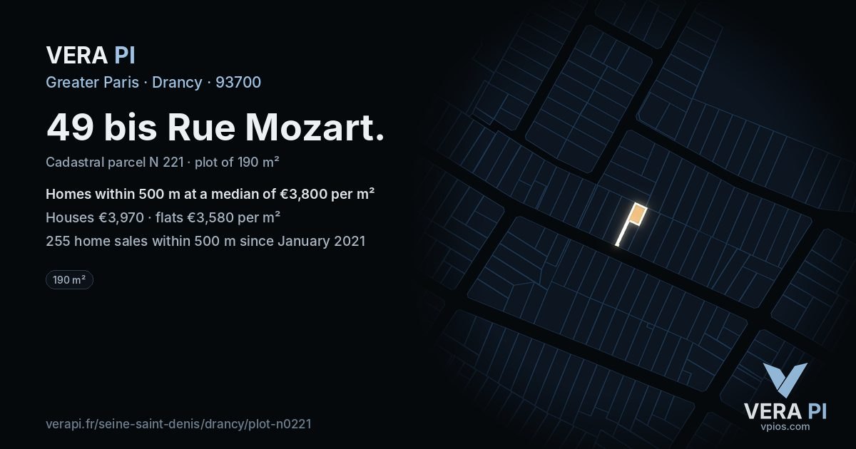 49 bis Rue Mozart, Drancy at night – the plot lit, the parcels around coloured by the prices near them