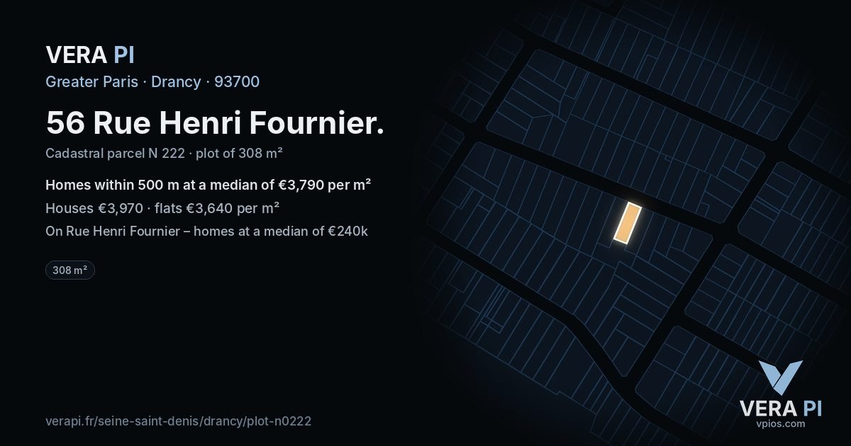 56 Rue Henri Fournier, Drancy at night – the plot lit, the parcels around coloured by the prices near them