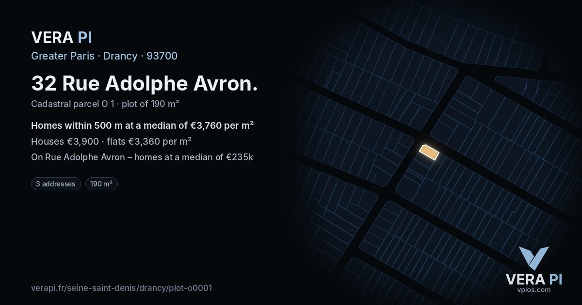 32 Rue Adolphe Avron, Drancy at night – the plot lit, the parcels around coloured by the prices near them