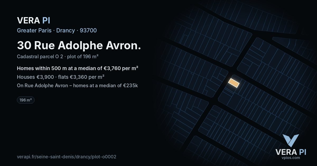 30 Rue Adolphe Avron, Drancy at night – the plot lit, the parcels around coloured by the prices near them
