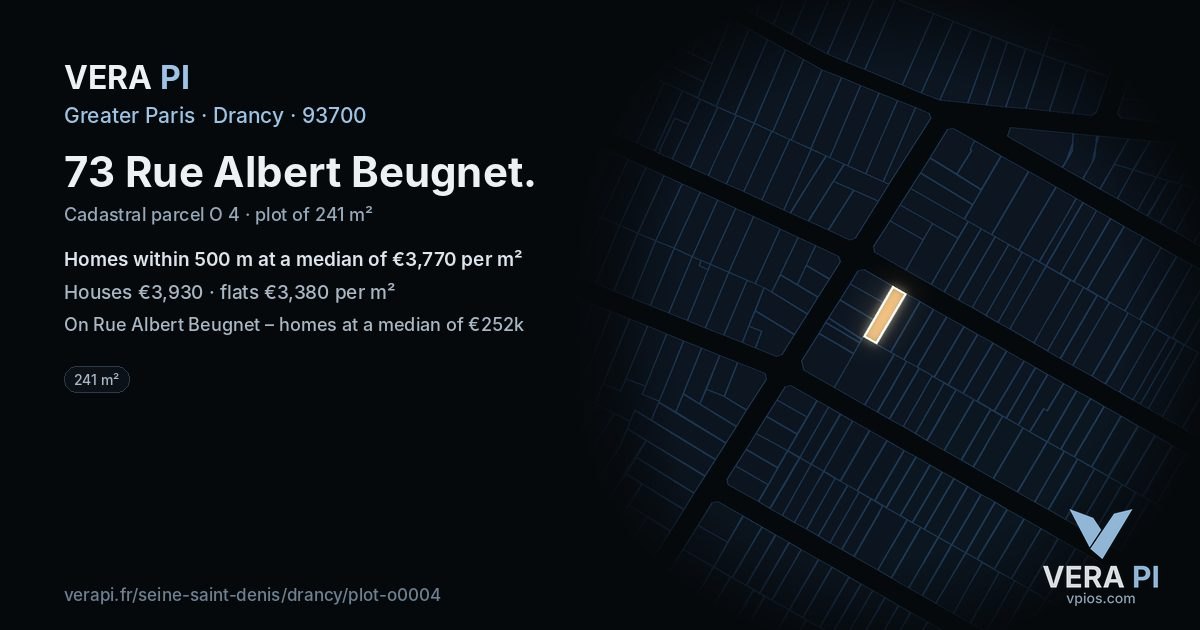 73 Rue Albert Beugnet, Drancy at night – the plot lit, the parcels around coloured by the prices near them