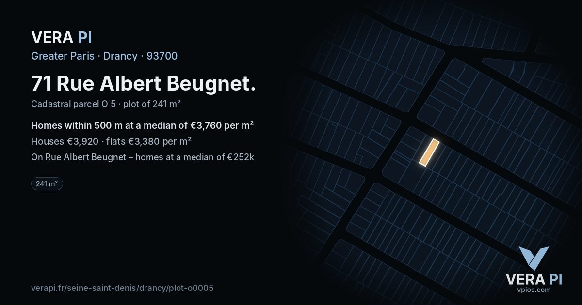 71 Rue Albert Beugnet, Drancy at night – the plot lit, the parcels around coloured by the prices near them