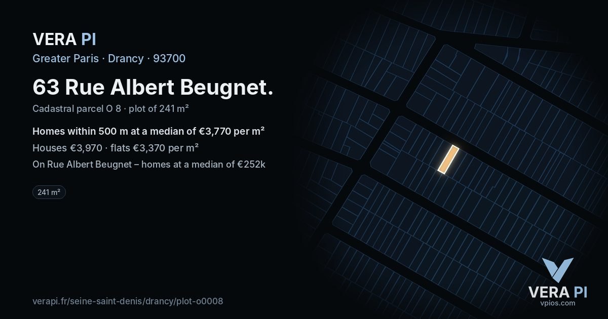 63 Rue Albert Beugnet, Drancy at night – the plot lit, the parcels around coloured by the prices near them