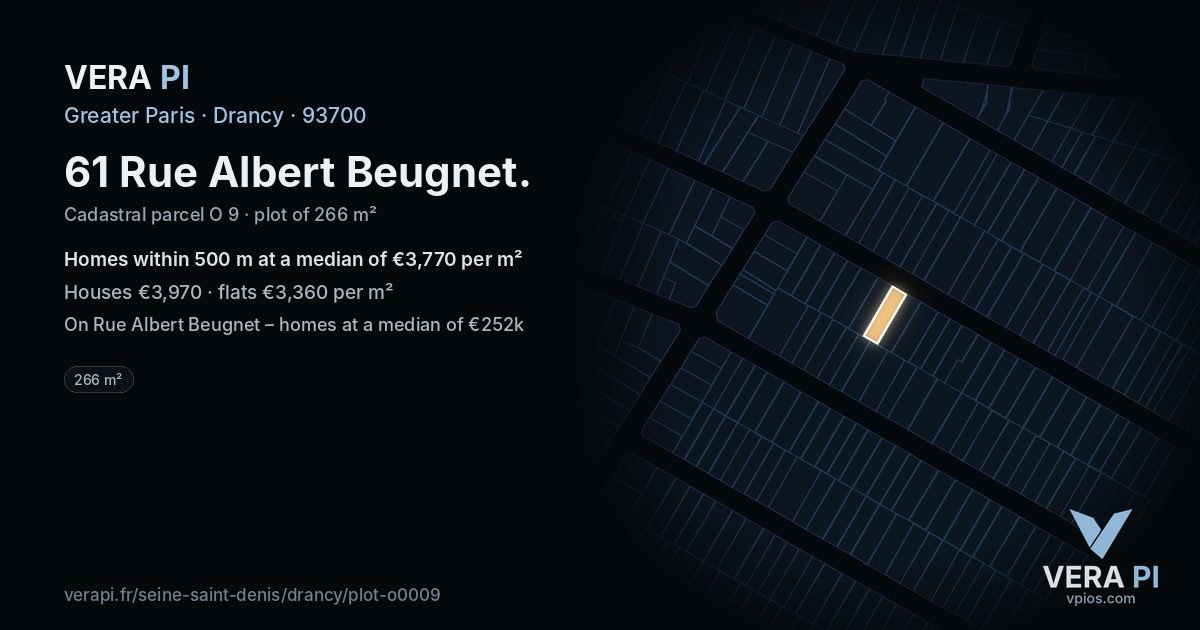 61 Rue Albert Beugnet, Drancy at night – the plot lit, the parcels around coloured by the prices near them