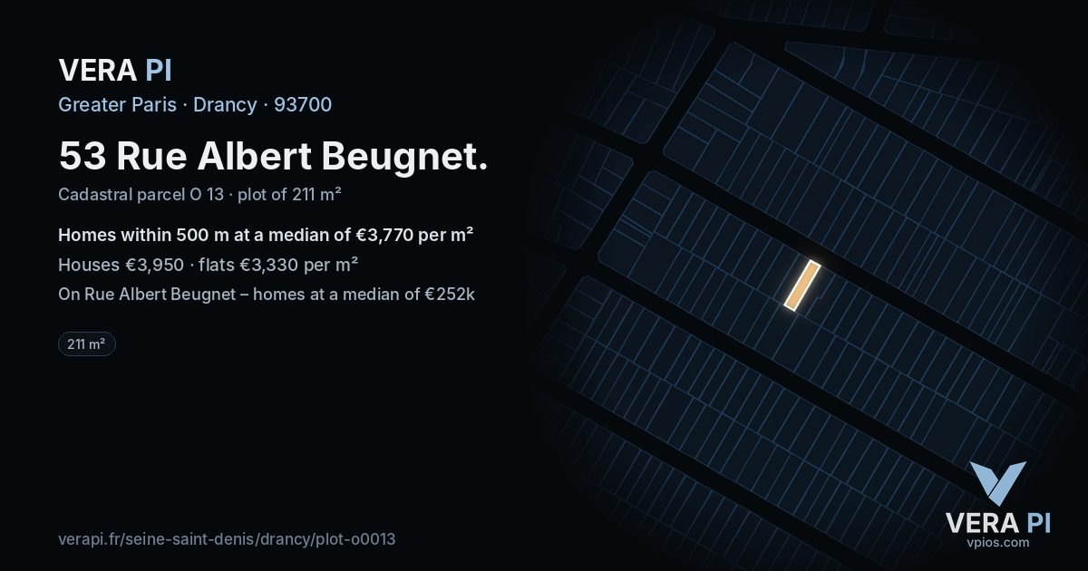 53 Rue Albert Beugnet, Drancy at night – the plot lit, the parcels around coloured by the prices near them