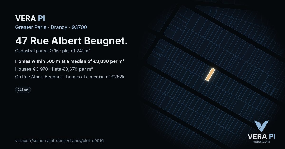 47 Rue Albert Beugnet, Drancy at night – the plot lit, the parcels around coloured by the prices near them