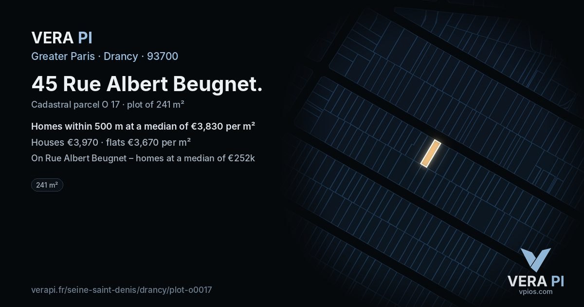 45 Rue Albert Beugnet, Drancy at night – the plot lit, the parcels around coloured by the prices near them