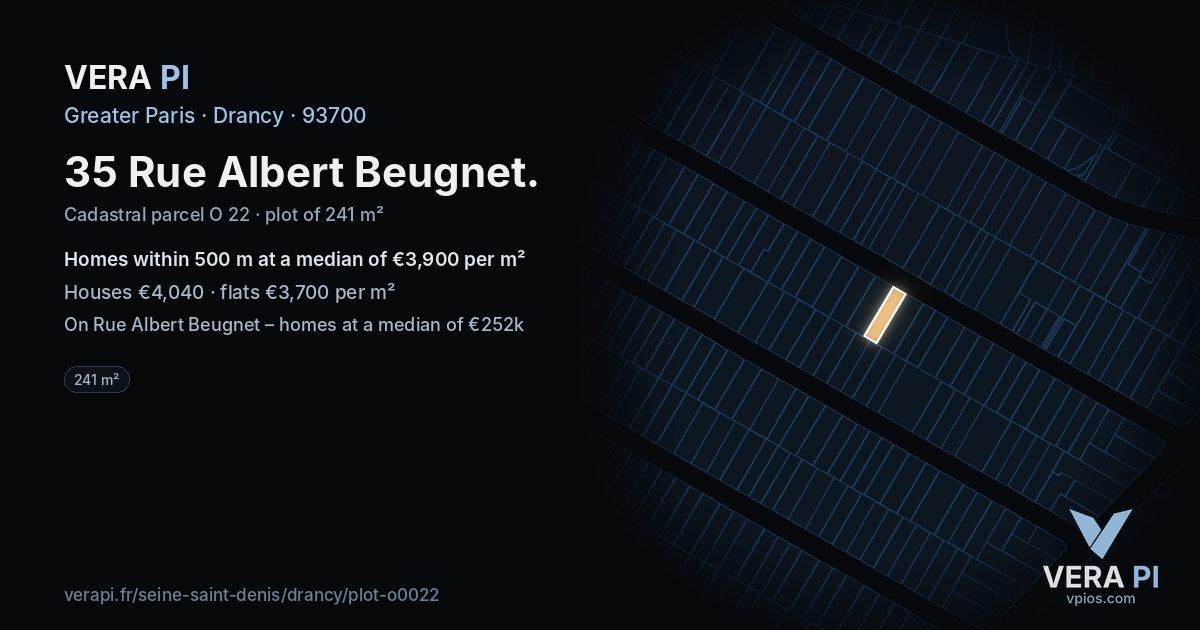 35 Rue Albert Beugnet, Drancy at night – the plot lit, the parcels around coloured by the prices near them