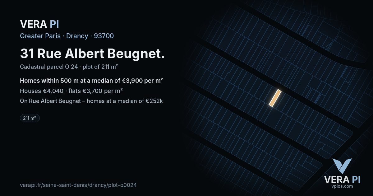 31 Rue Albert Beugnet, Drancy at night – the plot lit, the parcels around coloured by the prices near them