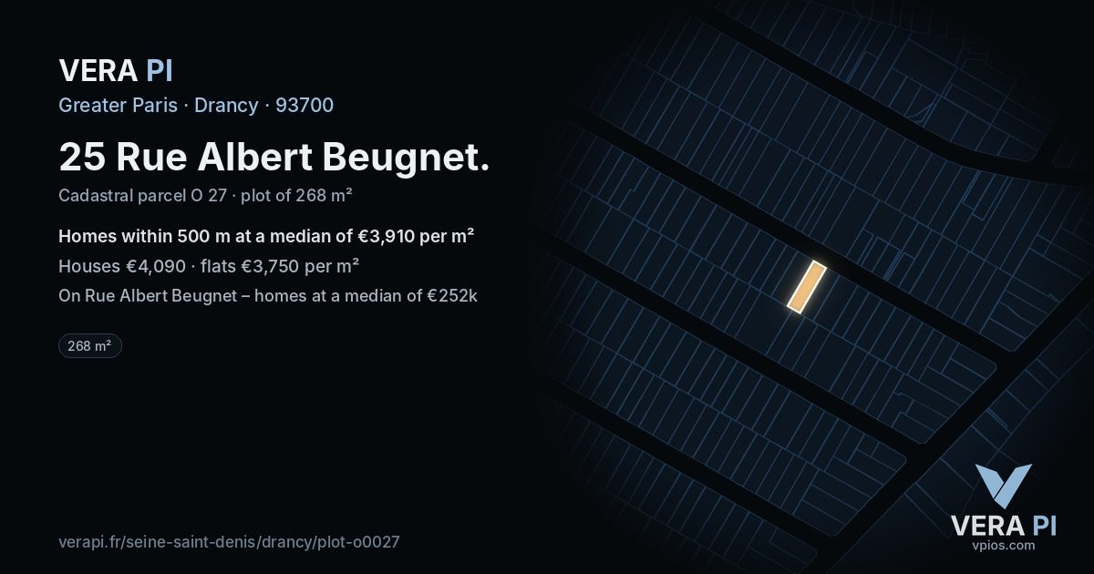 25 Rue Albert Beugnet, Drancy at night – the plot lit, the parcels around coloured by the prices near them