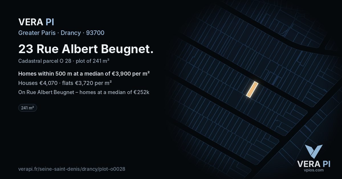 23 Rue Albert Beugnet, Drancy at night – the plot lit, the parcels around coloured by the prices near them