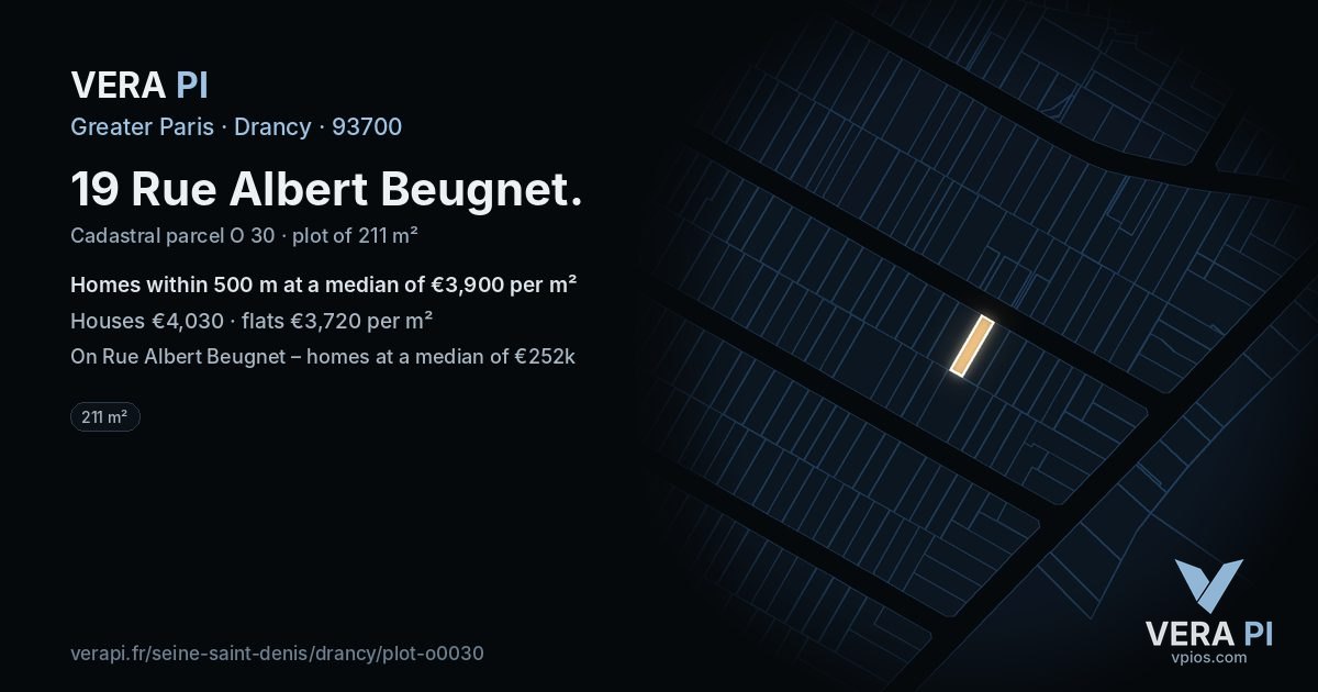 19 Rue Albert Beugnet, Drancy at night – the plot lit, the parcels around coloured by the prices near them