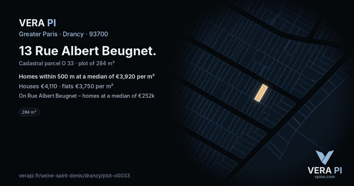 13 Rue Albert Beugnet, Drancy at night – the plot lit, the parcels around coloured by the prices near them