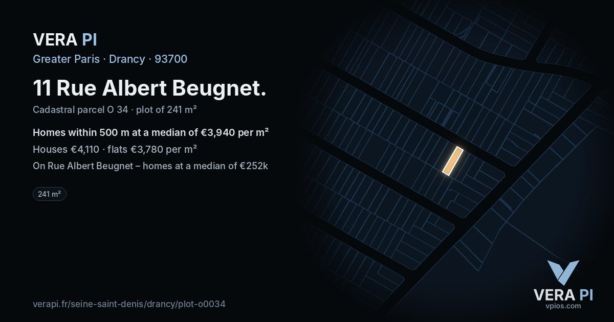 11 Rue Albert Beugnet, Drancy at night – the plot lit, the parcels around coloured by the prices near them