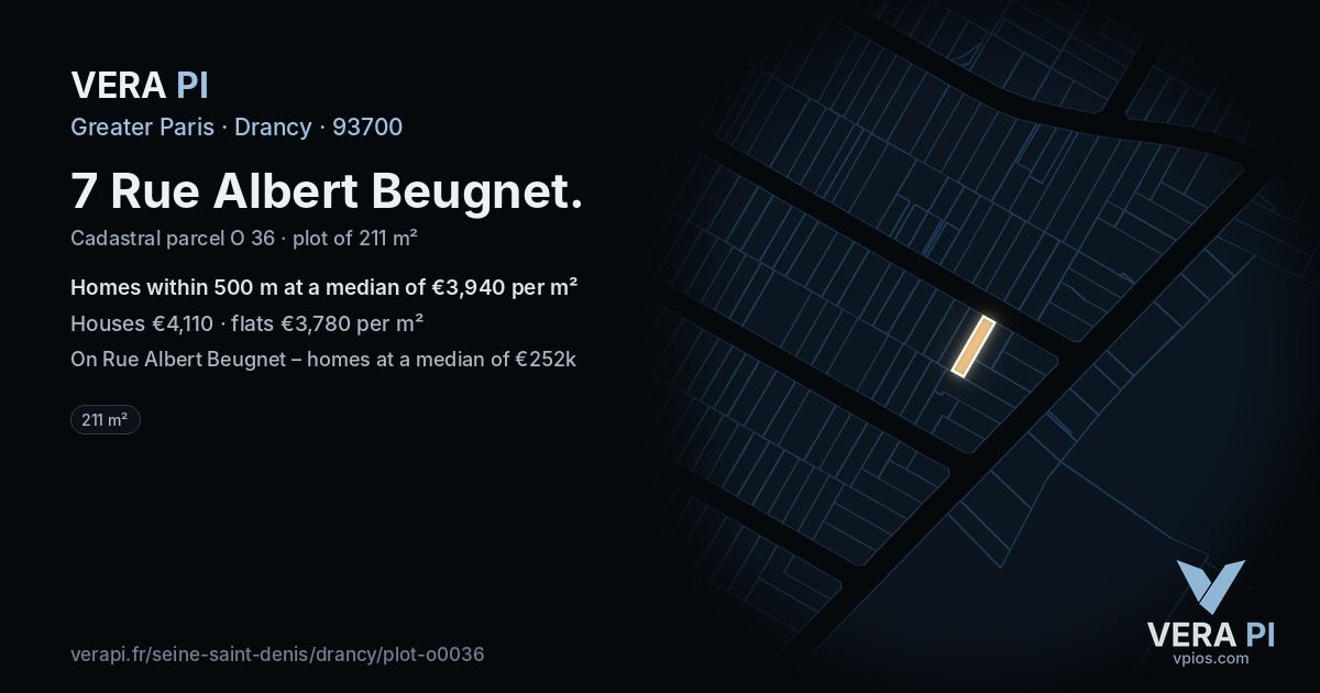 7 Rue Albert Beugnet, Drancy at night – the plot lit, the parcels around coloured by the prices near them