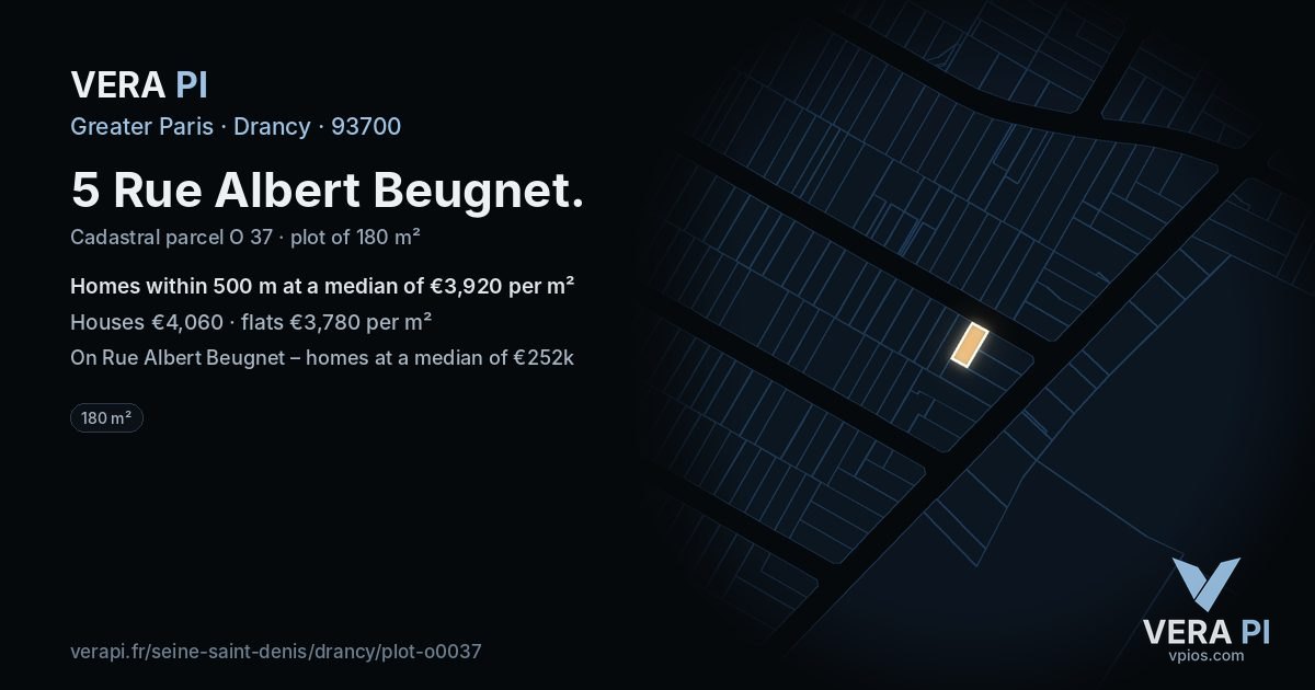 5 Rue Albert Beugnet, Drancy at night – the plot lit, the parcels around coloured by the prices near them