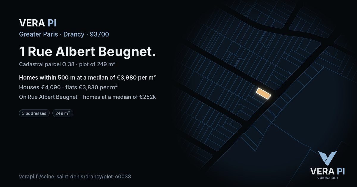 1 Rue Albert Beugnet, Drancy at night – the plot lit, the parcels around coloured by the prices near them