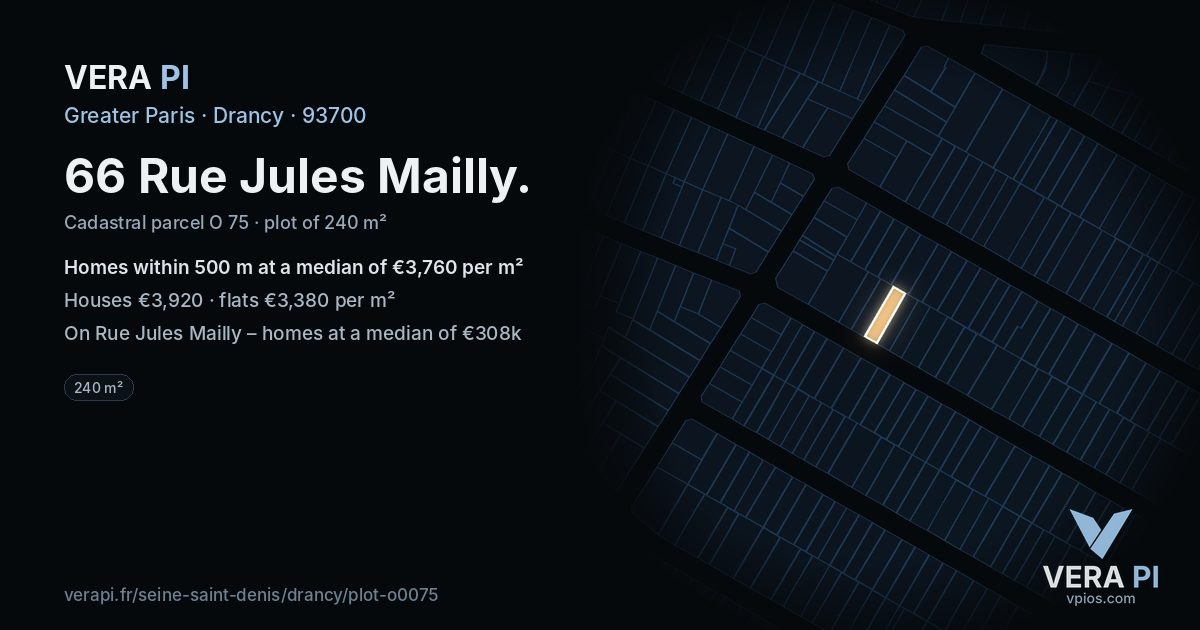 66 Rue Jules Mailly, Drancy at night – the plot lit, the parcels around coloured by the prices near them
