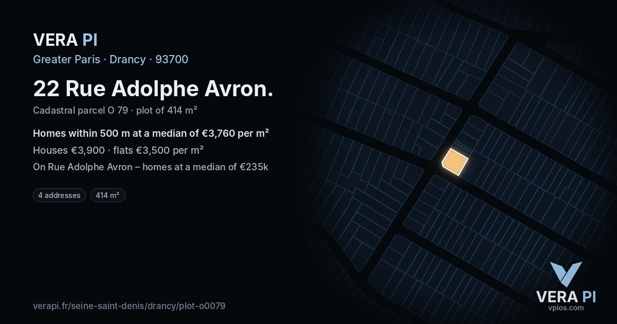 22 Rue Adolphe Avron, Drancy at night – the plot lit, the parcels around coloured by the prices near them
