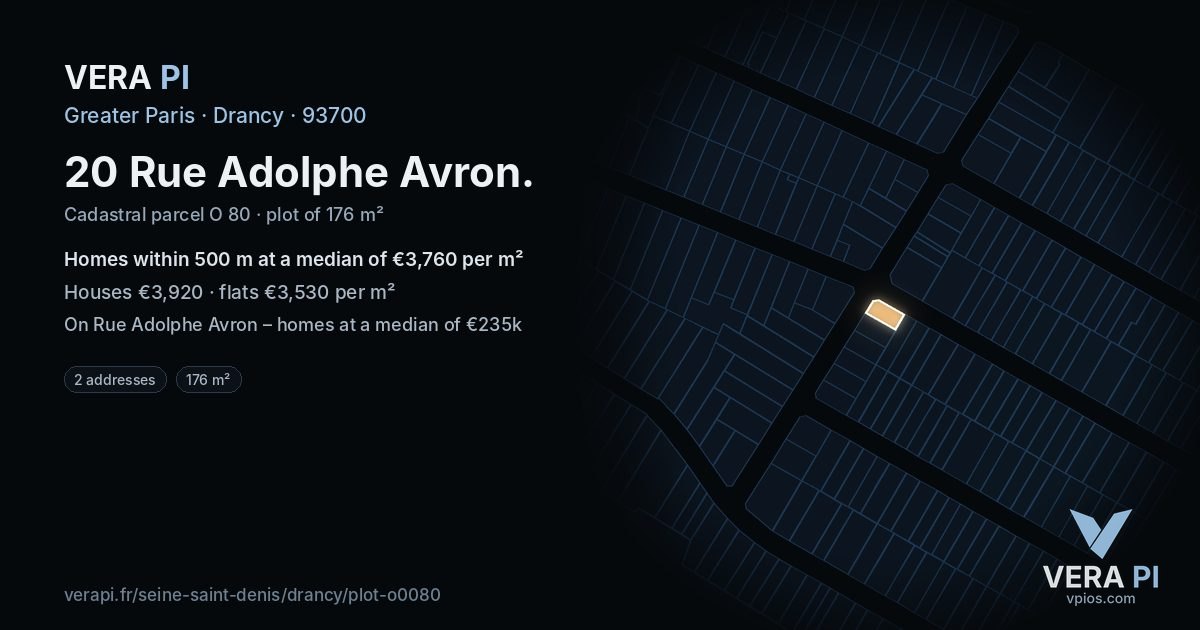 20 Rue Adolphe Avron, Drancy at night – the plot lit, the parcels around coloured by the prices near them