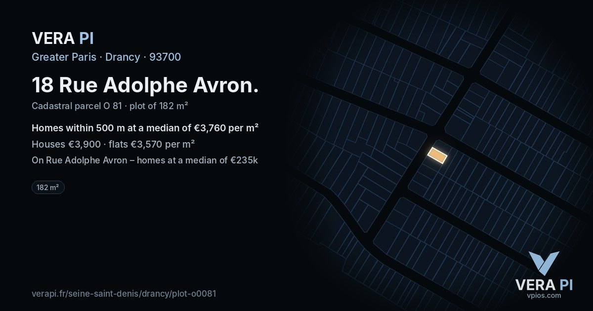 18 Rue Adolphe Avron, Drancy at night – the plot lit, the parcels around coloured by the prices near them