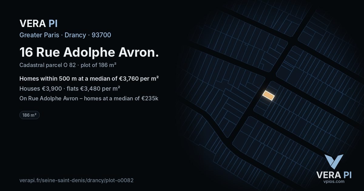 16 Rue Adolphe Avron, Drancy at night – the plot lit, the parcels around coloured by the prices near them