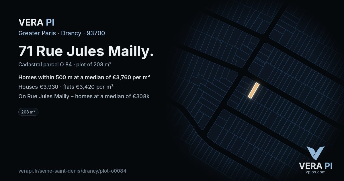 71 Rue Jules Mailly, Drancy at night – the plot lit, the parcels around coloured by the prices near them