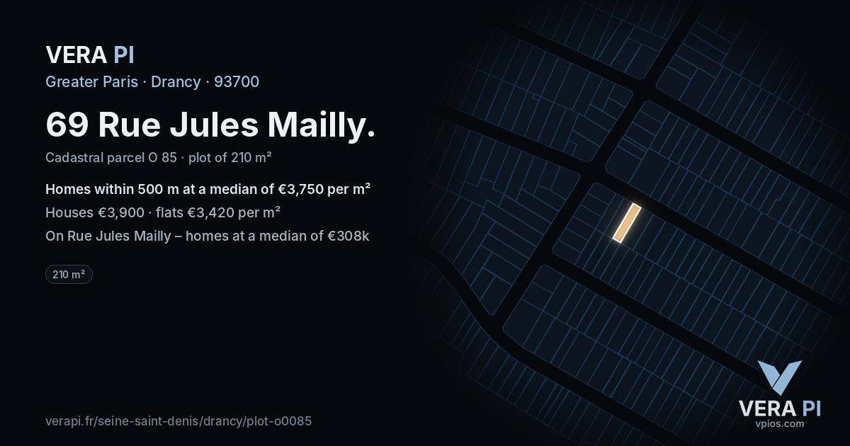 69 Rue Jules Mailly, Drancy at night – the plot lit, the parcels around coloured by the prices near them