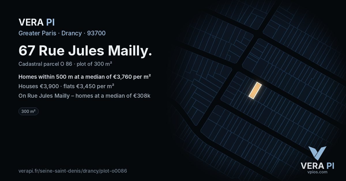 67 Rue Jules Mailly, Drancy at night – the plot lit, the parcels around coloured by the prices near them