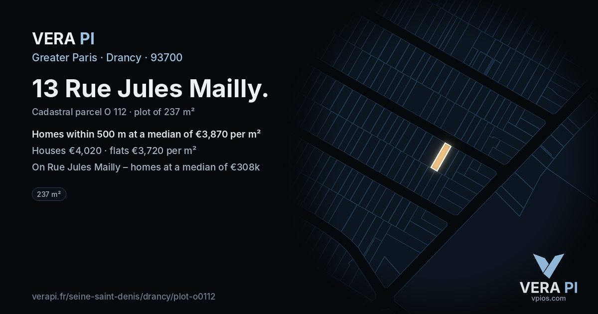 13 Rue Jules Mailly, Drancy at night – the plot lit, the parcels around coloured by the prices near them
