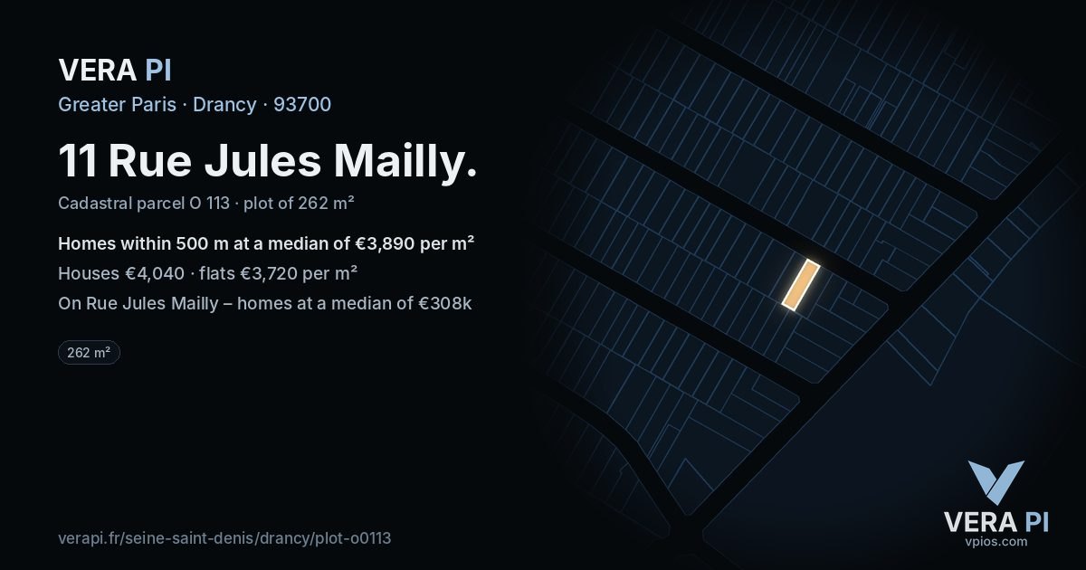 11 Rue Jules Mailly, Drancy at night – the plot lit, the parcels around coloured by the prices near them