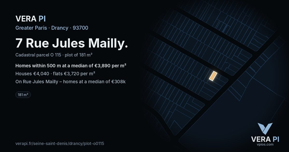 7 Rue Jules Mailly, Drancy at night – the plot lit, the parcels around coloured by the prices near them