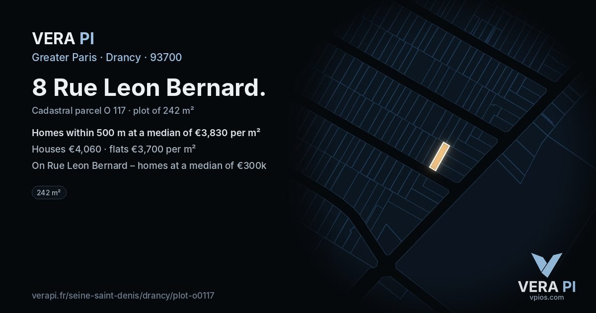 8 Rue Leon Bernard, Drancy at night – the plot lit, the parcels around coloured by the prices near them