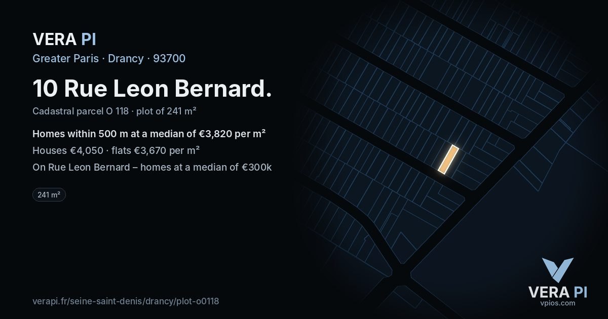 10 Rue Leon Bernard, Drancy at night – the plot lit, the parcels around coloured by the prices near them