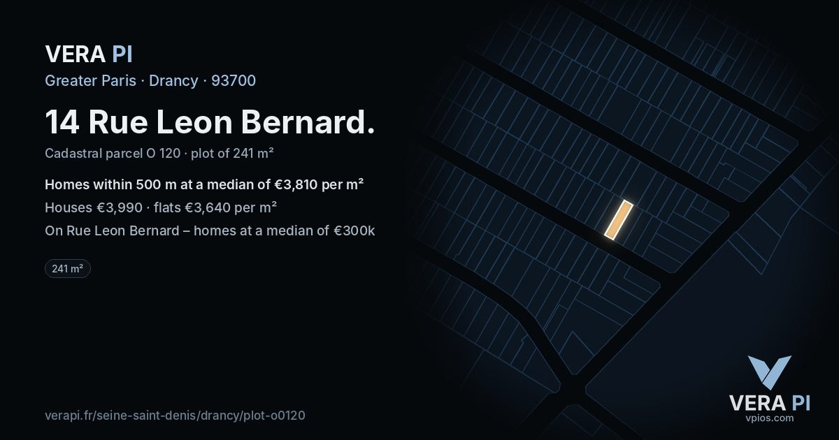14 Rue Leon Bernard, Drancy at night – the plot lit, the parcels around coloured by the prices near them