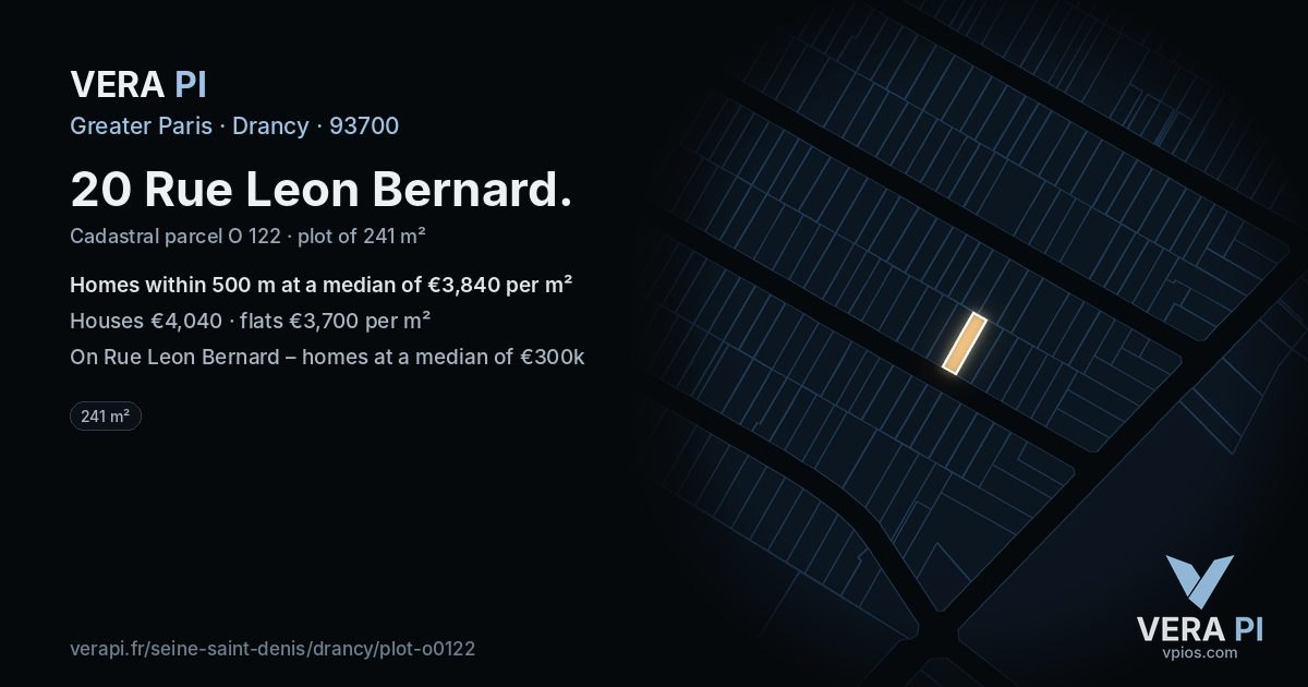 20 Rue Leon Bernard, Drancy at night – the plot lit, the parcels around coloured by the prices near them