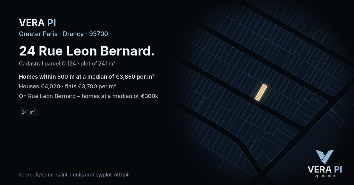 24 Rue Leon Bernard, Drancy at night – the plot lit, the parcels around coloured by the prices near them