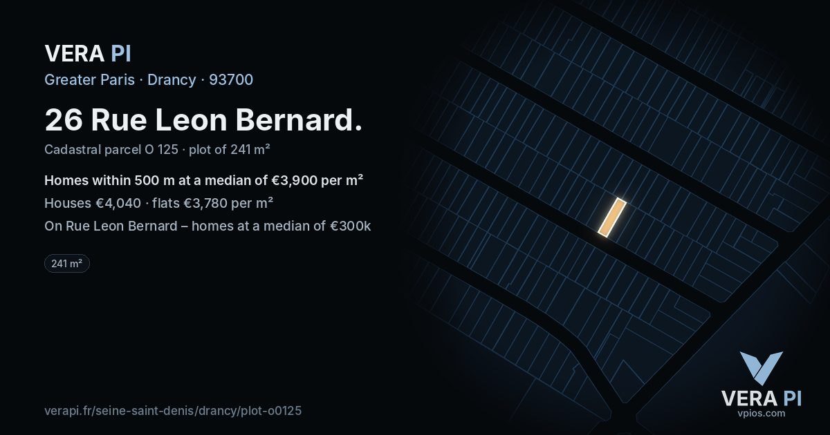 26 Rue Leon Bernard, Drancy at night – the plot lit, the parcels around coloured by the prices near them