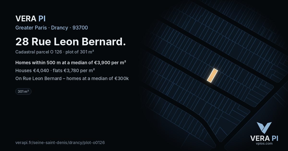 28 Rue Leon Bernard, Drancy at night – the plot lit, the parcels around coloured by the prices near them