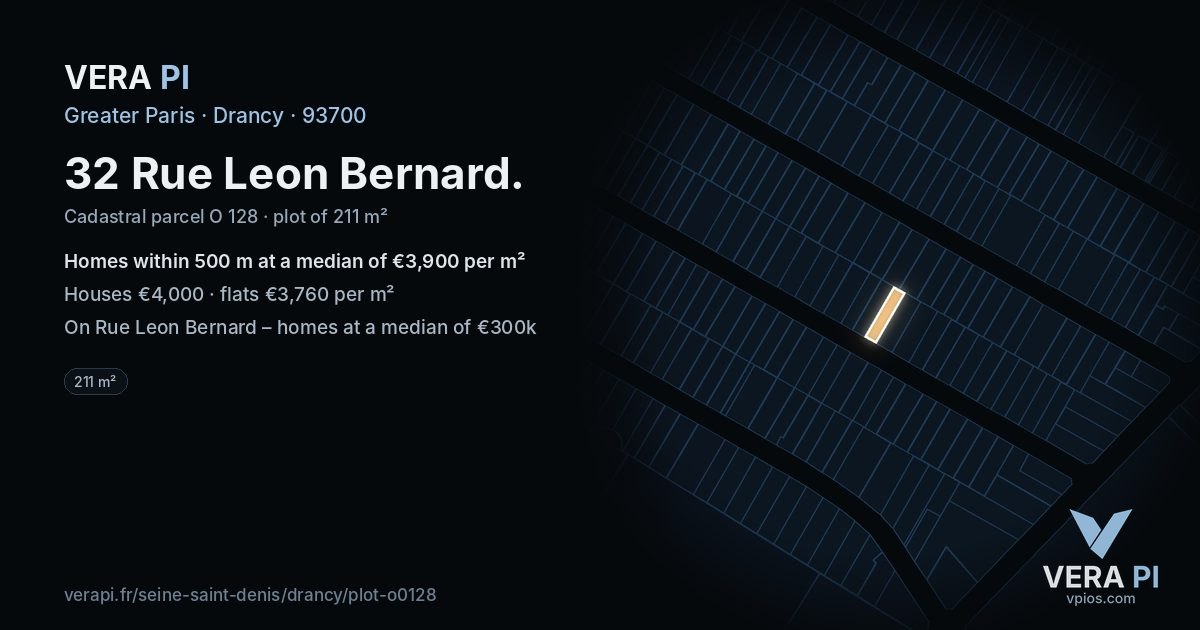32 Rue Leon Bernard, Drancy at night – the plot lit, the parcels around coloured by the prices near them
