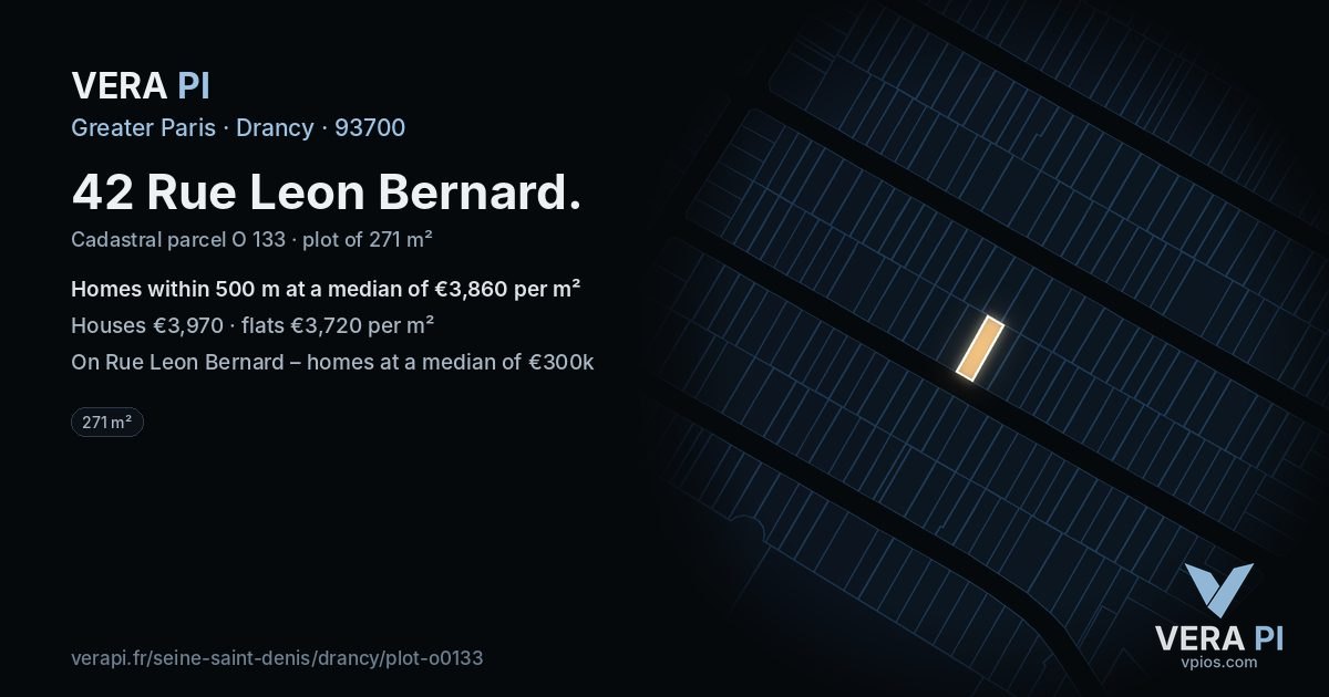 42 Rue Leon Bernard, Drancy at night – the plot lit, the parcels around coloured by the prices near them