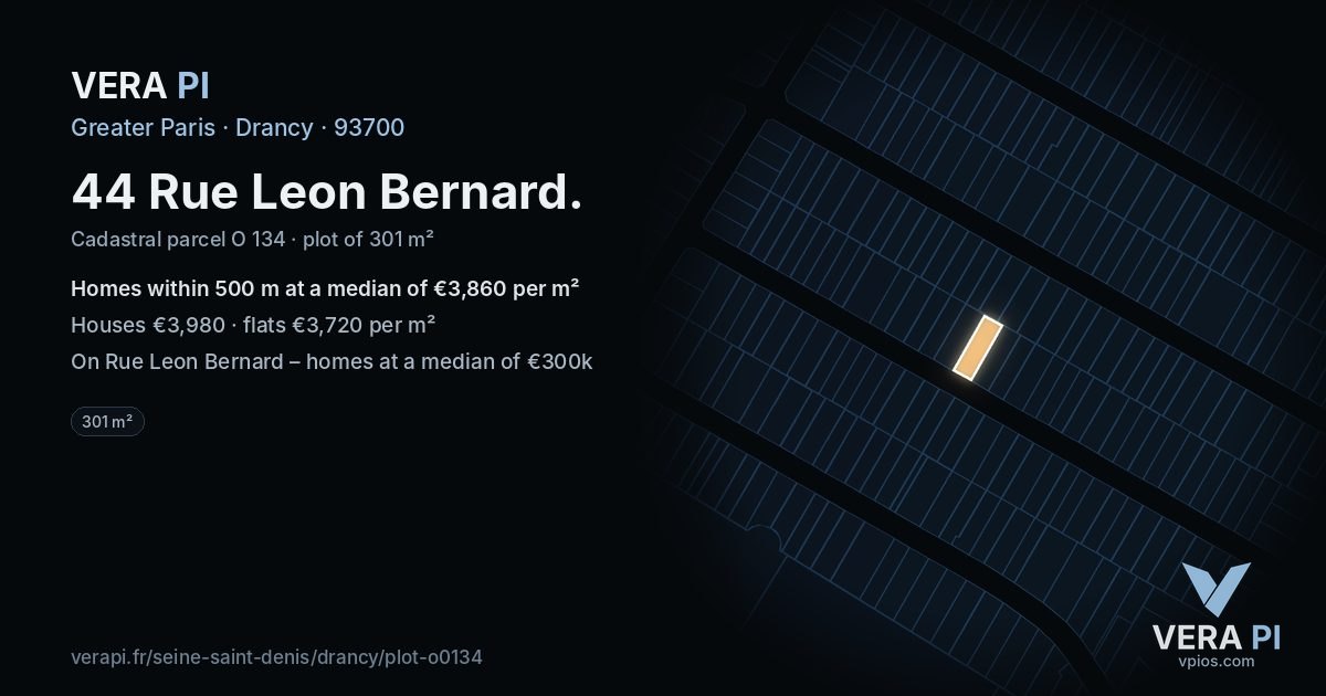 44 Rue Leon Bernard, Drancy at night – the plot lit, the parcels around coloured by the prices near them